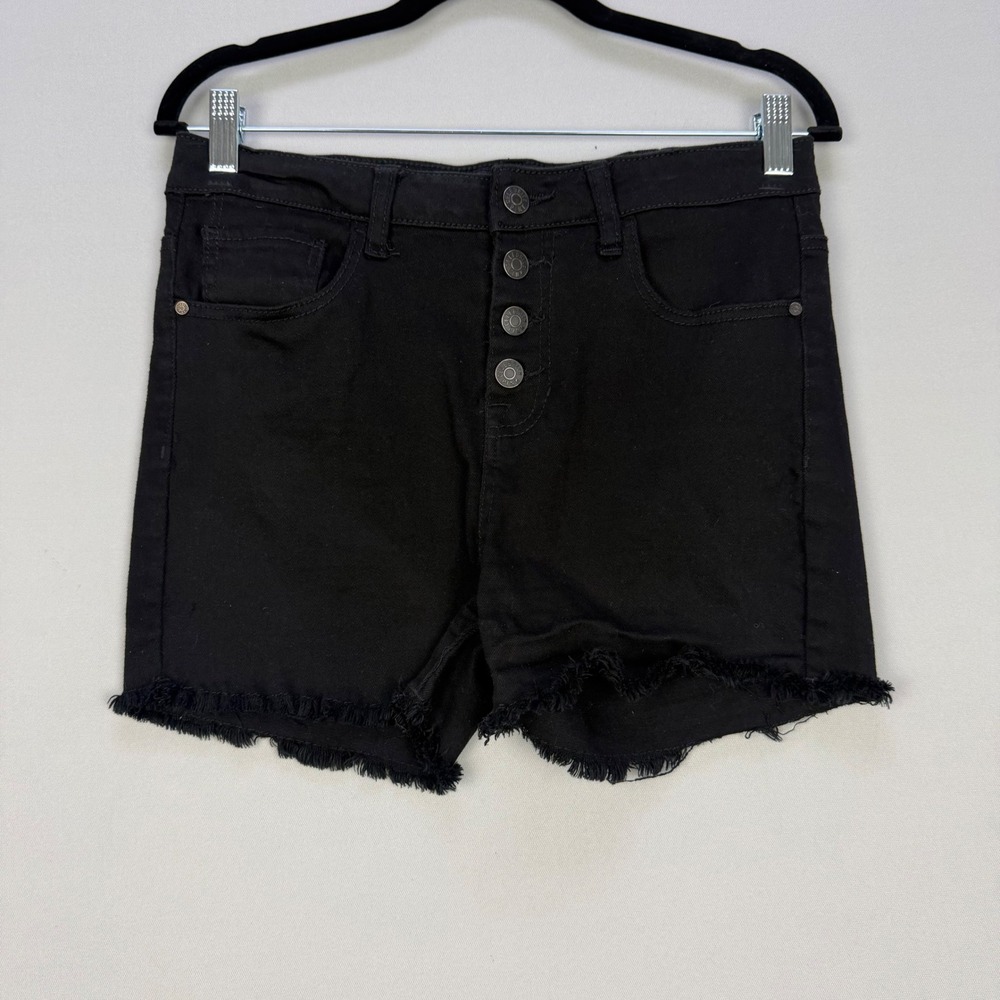 Celebrity Pink Black Denim Shorts High Rise Button Fly Frayed Hem 9/29